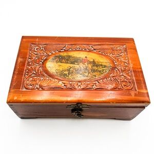 Vintage Hunt Scene Equestrian Wooden Box with Lock and Two Keys